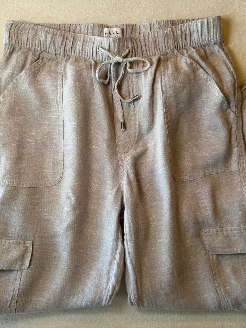 Nicole Miller Cream/Beige 100%linen Cropped Cargo Jogger Pants